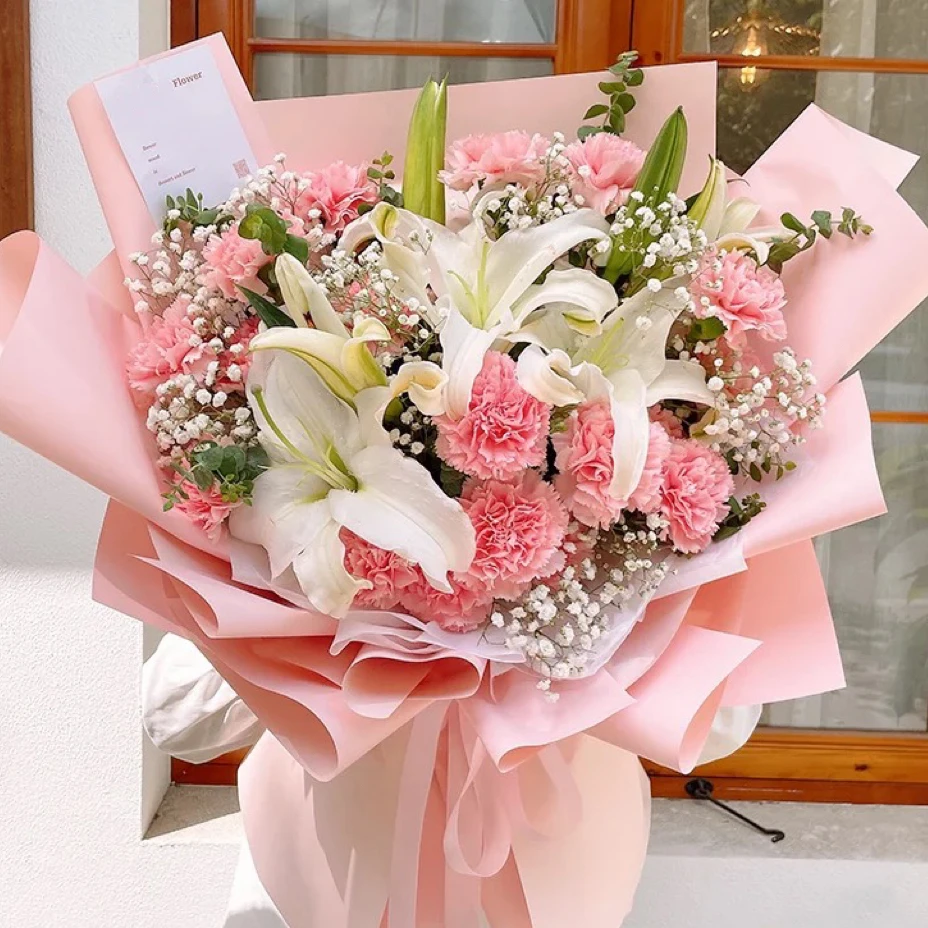 【爱的陪伴】15朵理想粉康乃馨花束5朵百合同城花店鲜花花束预 定送朋友送爱人长辈告白生日礼物小时达同城配送