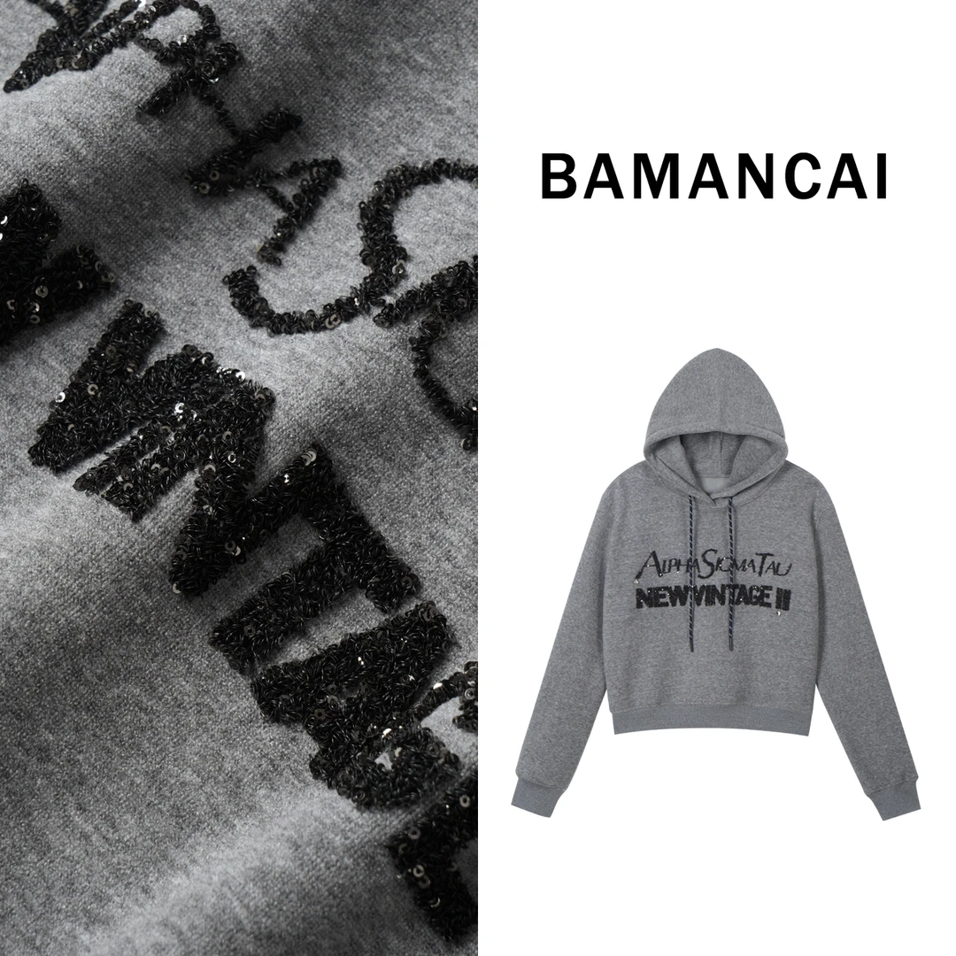 Bamancai-冬季新款重工时尚百搭连帽加绒韩版ins卫衣