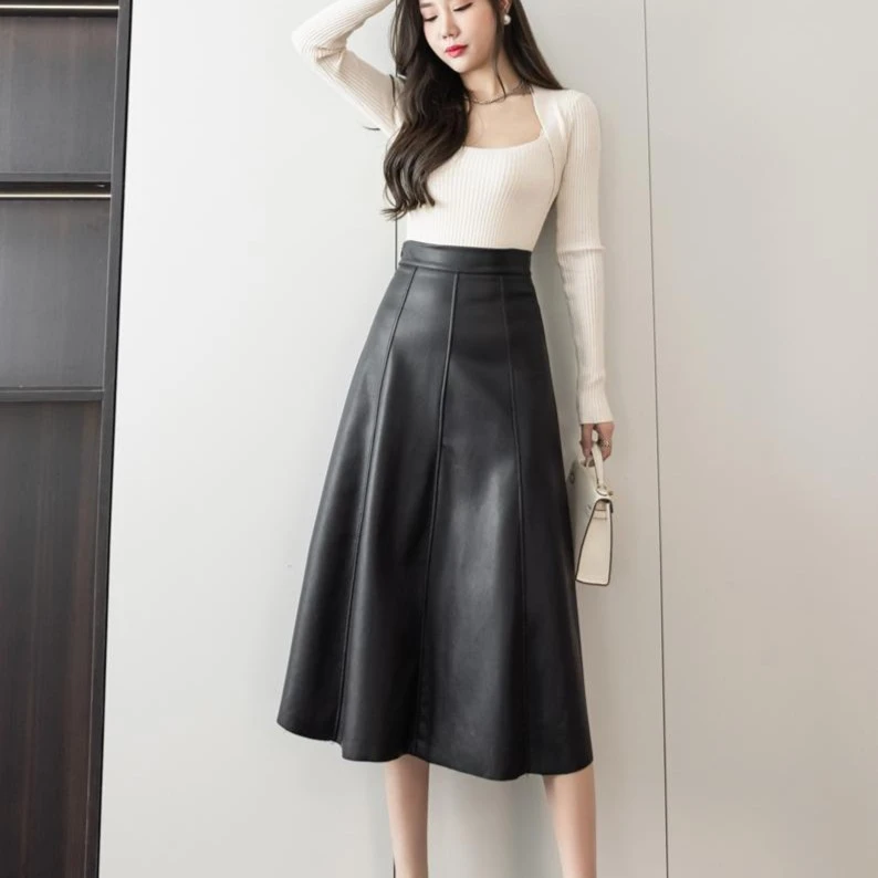 高腰大摆裙拼接PU皮半身裙秋冬女2024新款遮胯显瘦中长款a字裙秋.