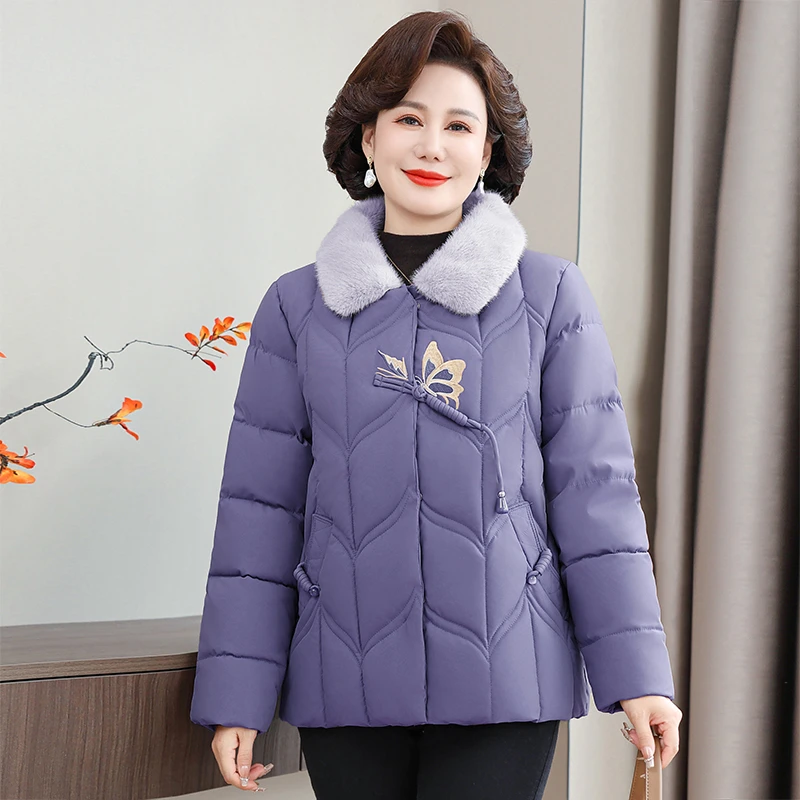 中年妈妈冬装加绒加厚国风刺绣蝴蝶扣棉衣外套中老年棉服新款棉服