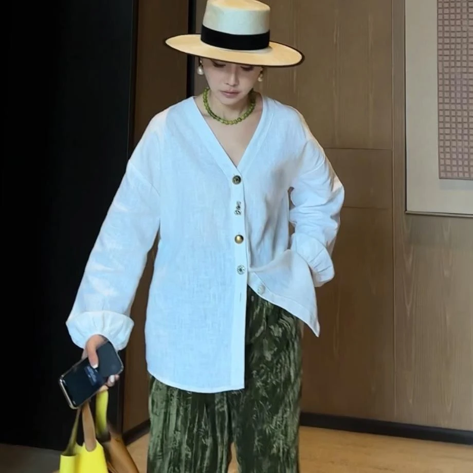 NXJ【女主角 白】苎麻高级白衬衫女 白咖  240311