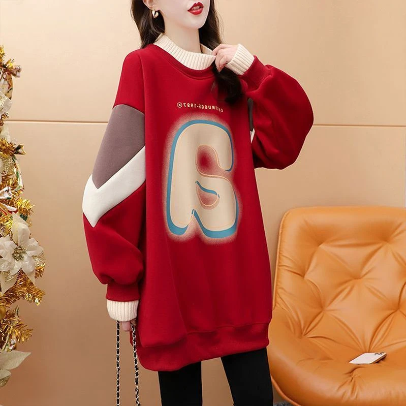 加绒加厚半高领卫衣女中长款秋冬装2023新款宽松新年红色休闲上衣