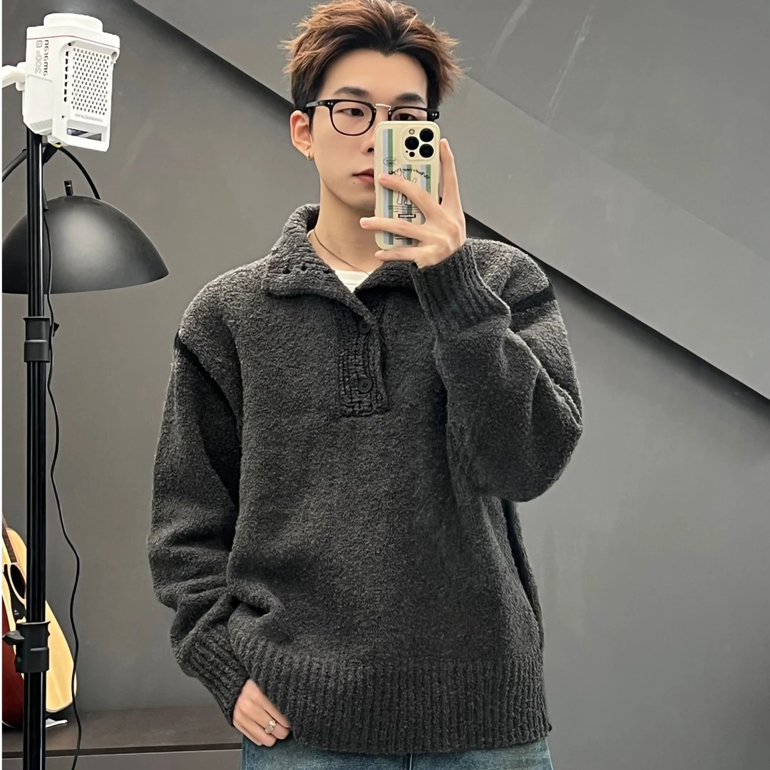秋冬新款日系ins慵懒风加厚半开领毛衣潮牌韩版高级感宽松休闲