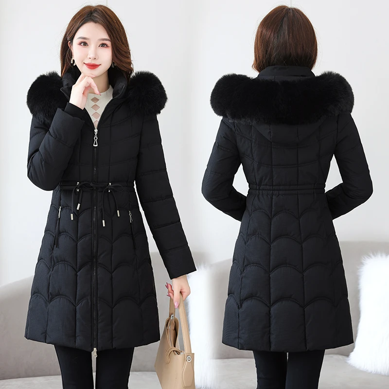 棉服女2024新款修身显瘦大毛领中长款棉衣冬季外套可脱卸帽棉袄