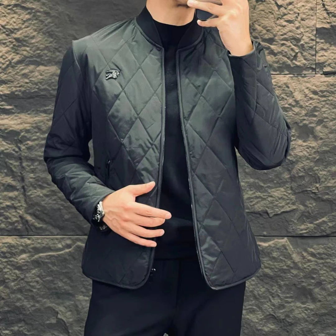 轻奢男士高品欧货菱形格棒球领秋冬薄棉外套