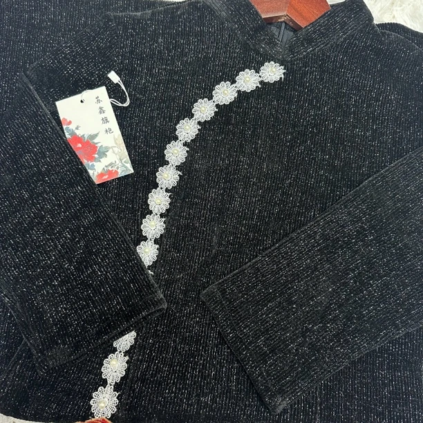 【1126黑色珍珠花边刺绣】气质旗袍中国风旗袍碎花时尚蕾丝小香风