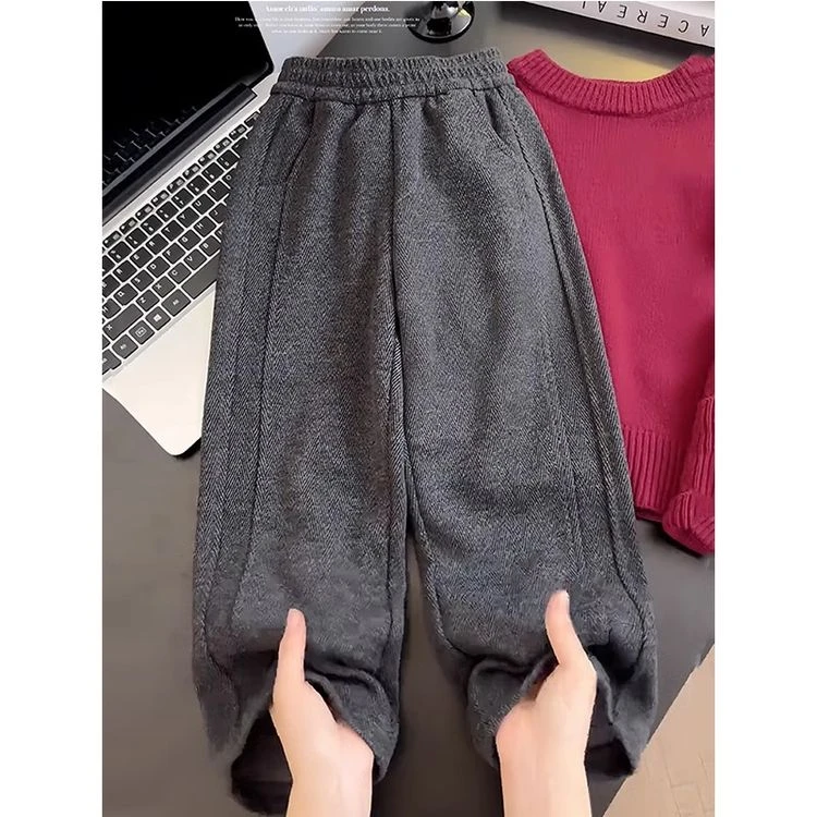 女童人字纹糯米裤2024秋冬款中大童加厚加绒阔腿裤直筒裤拖地裤潮