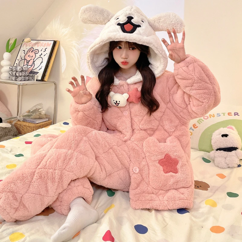 三层夹棉省服新款秋冬季睡衣女加绒加厚卡通可爱连帽家居服可外穿