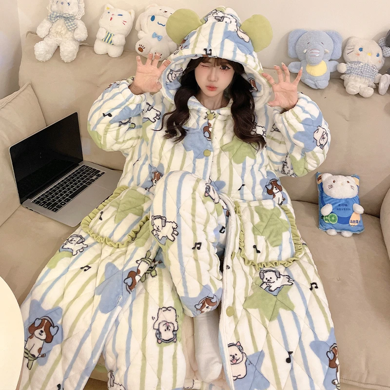省服睡袍女秋冬季三层夹棉加厚加绒卡通休闲连帽睡衣家居服保暖