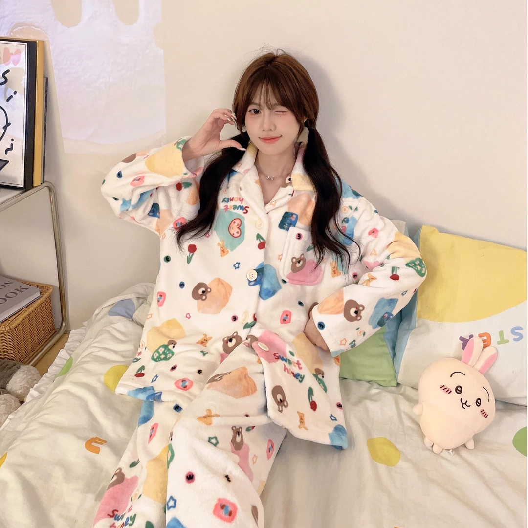 睡衣新款女秋冬季加厚套装家居服卡通小熊保暖长袖家居服可外穿女