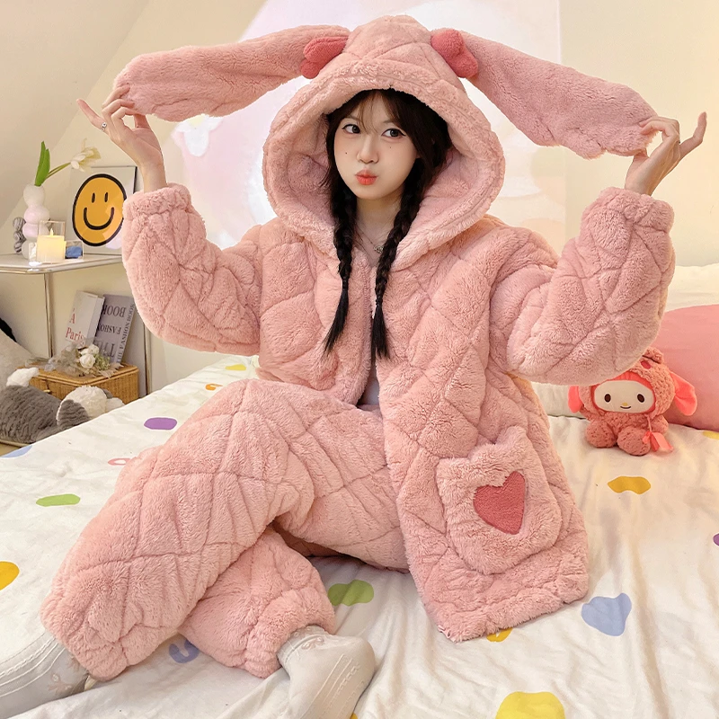 睡衣女冬季加绒加厚省服新款爆款卡通款三层夹棉保暖可外穿家居服