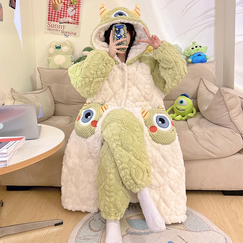 省服冬季睡袍女士提花绒保暖套装休闲三层夹棉加厚加绒连帽家居服