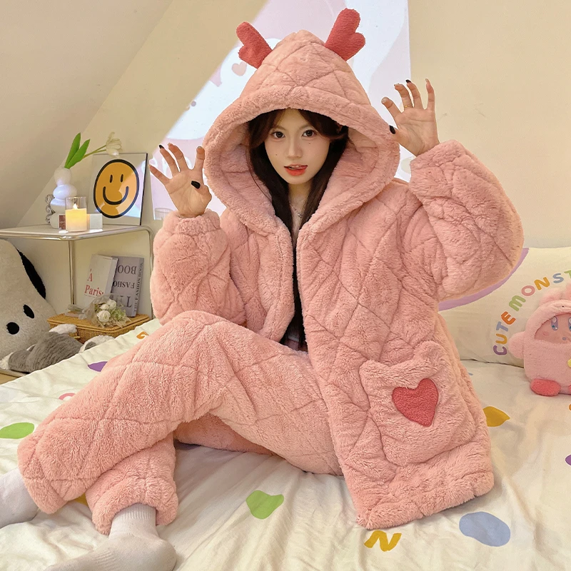 省服冬款雪花绒睡衣女士加厚宽松保暖冬天三层夹棉学生毛绒家居服