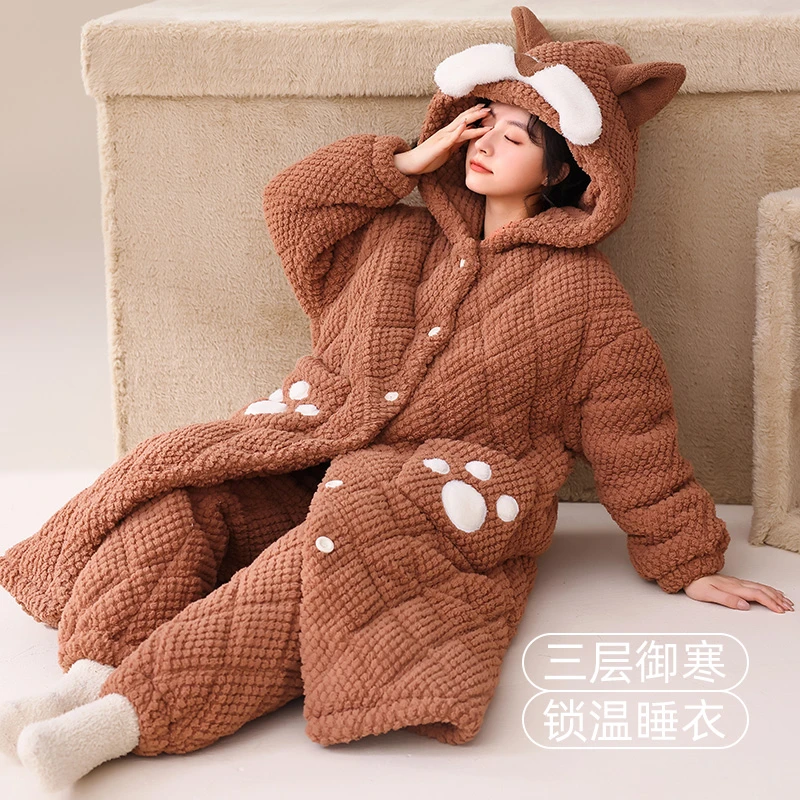 省服变态厚冬天睡袍女连帽爆款加厚加绒三层夹棉秋冬款套装家居服