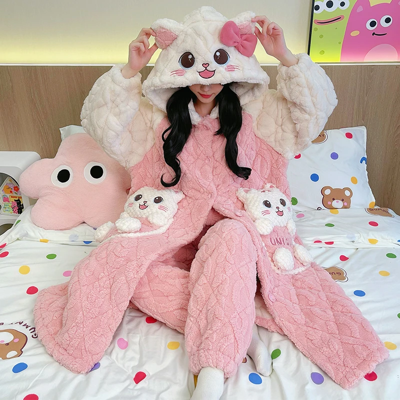 省服珊瑚绒冬天睡袍女连帽加厚加绒三层夹棉秋冬款保暖套装家居服