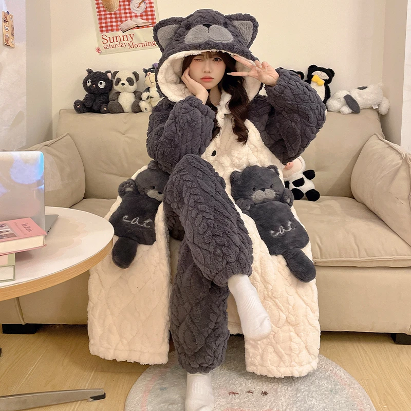 省服三层夹棉提花绒冬天睡袍女秋冬款连帽保暖加厚加绒套装家居服