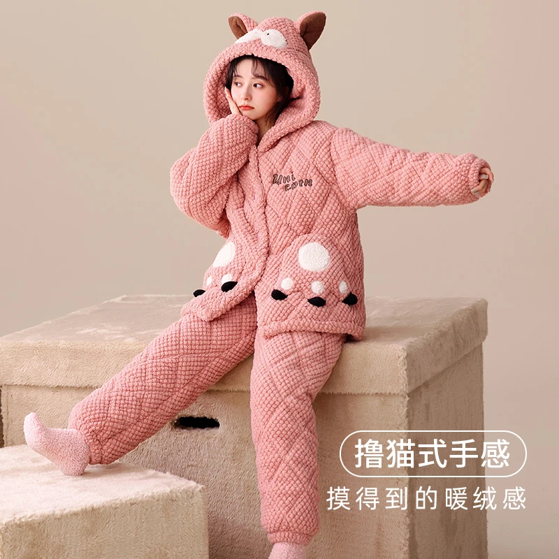 省服女冬天睡袍女连帽爆款加厚加绒三层夹棉秋冬款保暖套装家居服