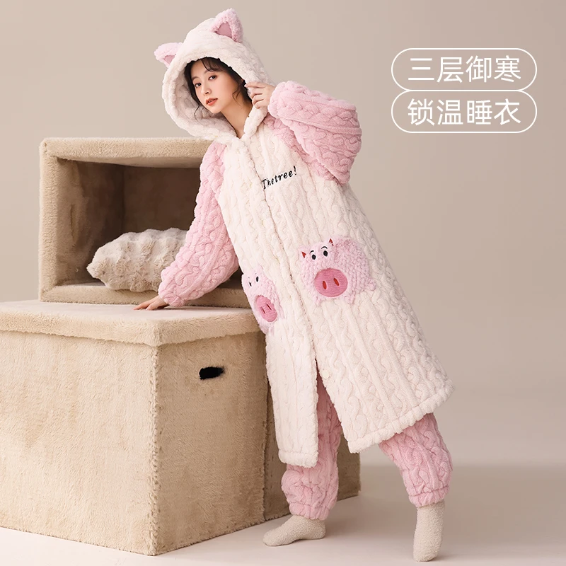 秋冬季提花绒睡袍女三层夹棉加绒加厚家居服新款休闲省服连帽套装
