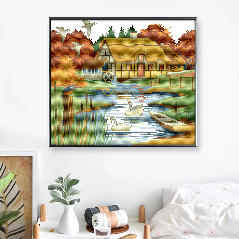 小件秋天风景十字绣清新田园风现代简约欧式刺绣手工餐厅卧室线绣