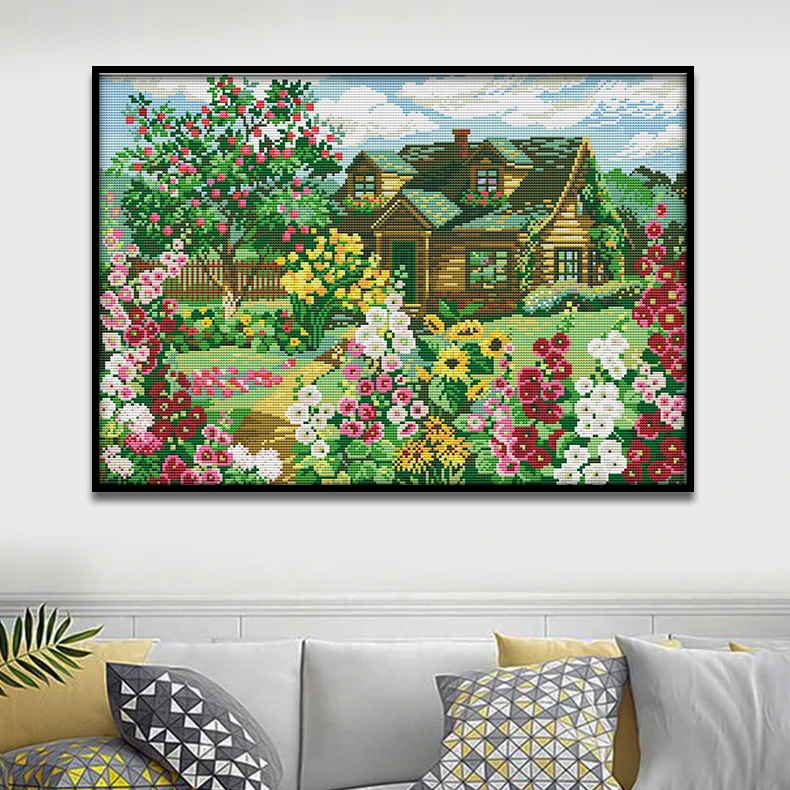 NKF十字绣印花格子乡间别墅风景画客厅书房装饰挂画手工绣套件