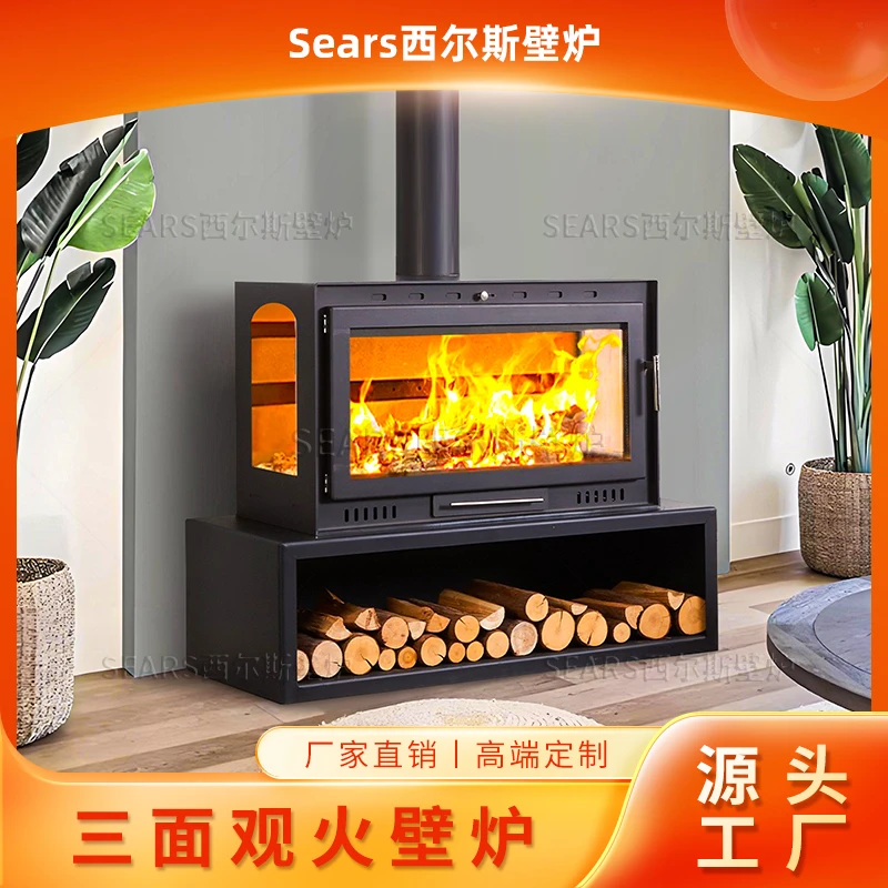 轻奢高碳钢真火燃木壁炉 别墅酒店民宿三面观火装饰真火取暖壁炉