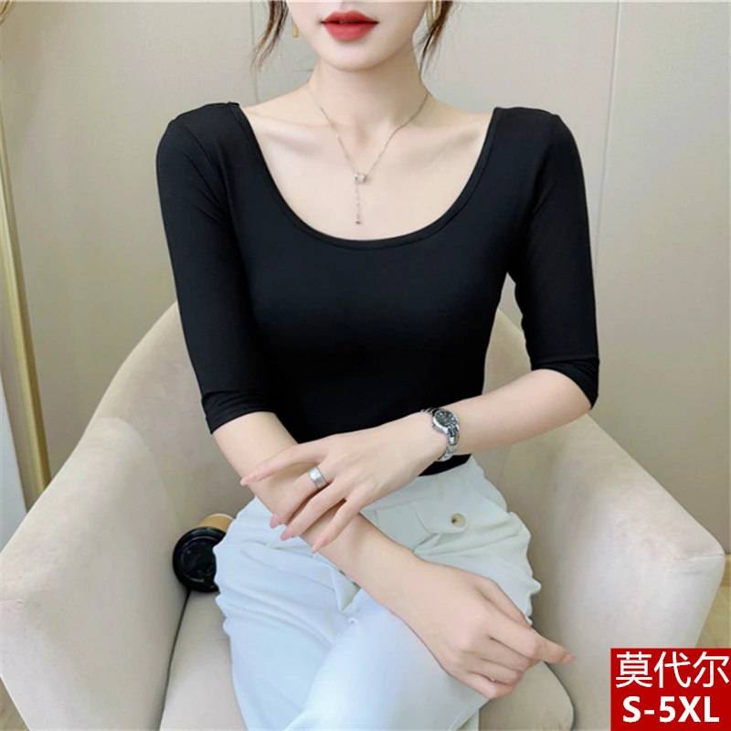 莫代尔五分中袖t恤女前后双u低领露背性感大码时尚舞蹈瑜伽服上衣