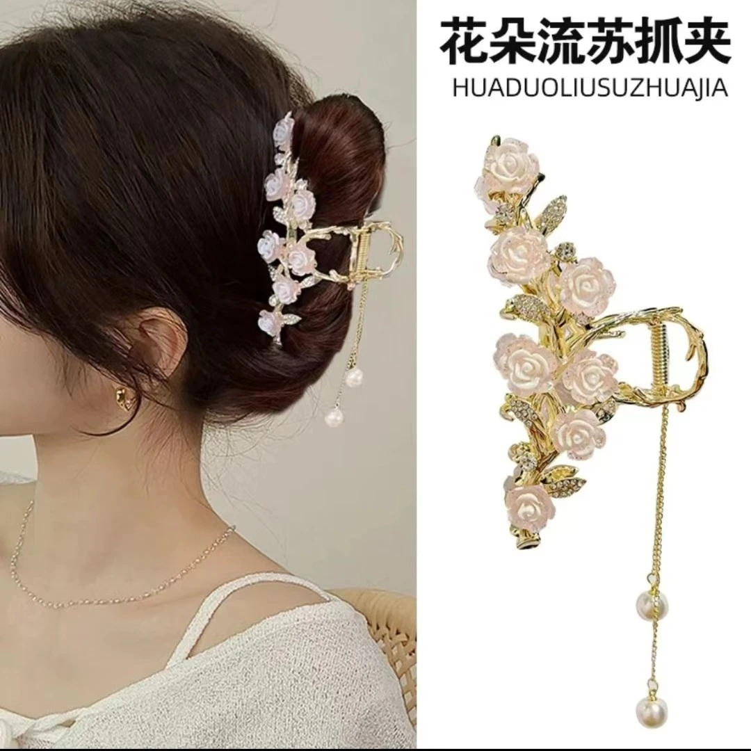 合金发饰 国风仙美花朵流苏抓夹女2023新款鲨鱼夹气质半扎发卡