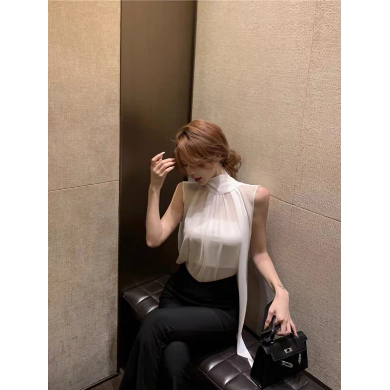 法式白色飘带无袖雪纺衬衫女夏季薄款设计感小众温柔纯欲气质上衣