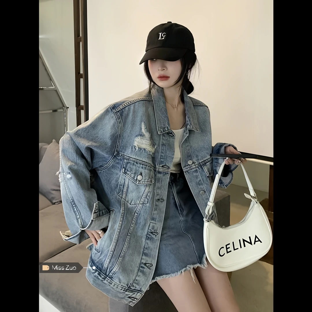 复古做旧破洞牛仔外套女装2023年新款秋季韩版宽松休闲运动上衣潮