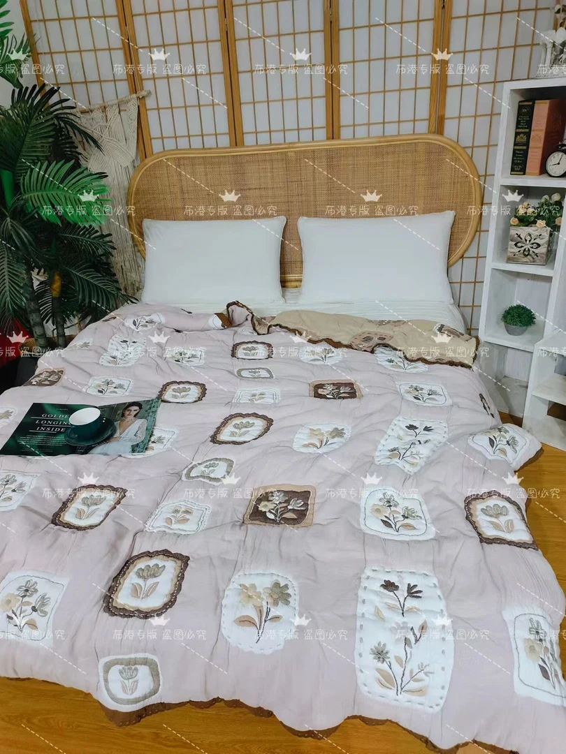 幕古定制十层可机洗泡芙纱布被加厚有钱花粉色、会起小毛球