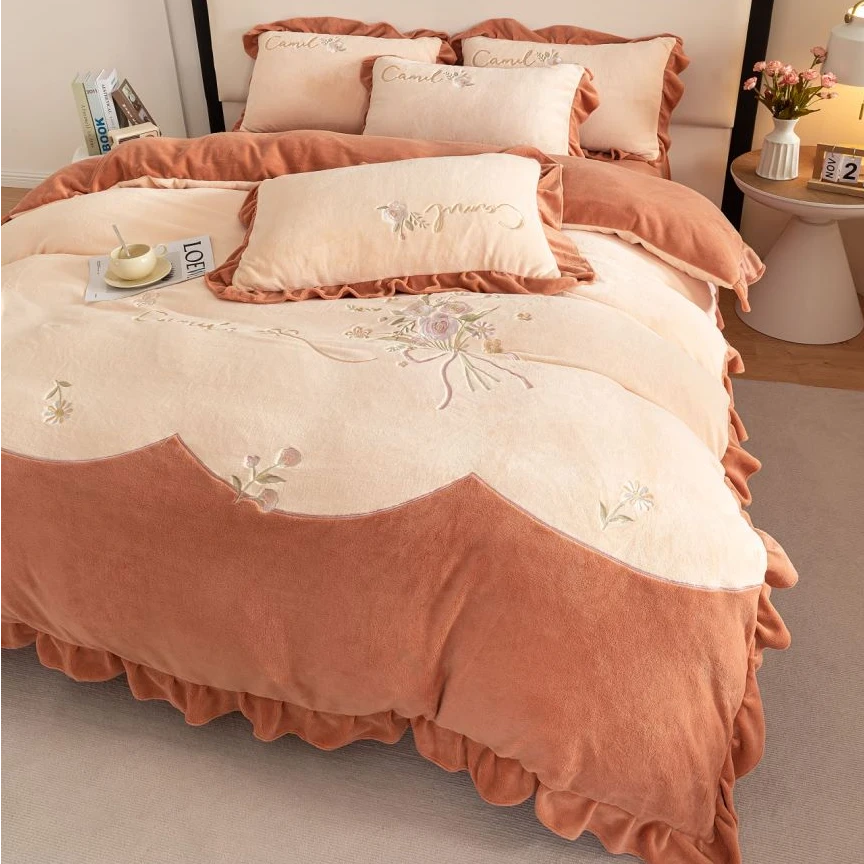 【洋盛家纺】高克重冬季加厚保暖牛奶绒绣花床上四件套花岛系列