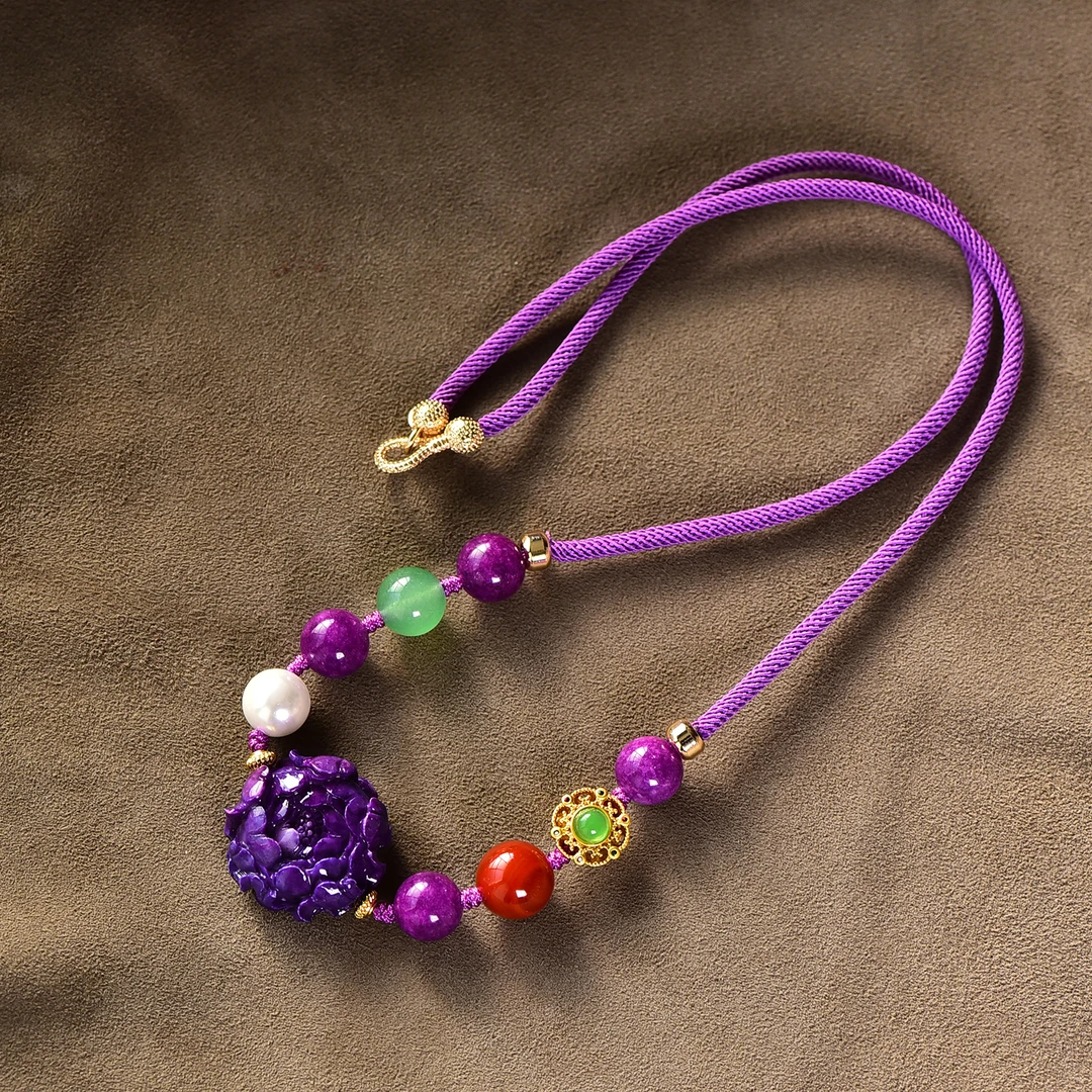 非金属仿水晶项链 时尚编绳紫色长链牡丹花吊坠长款链子