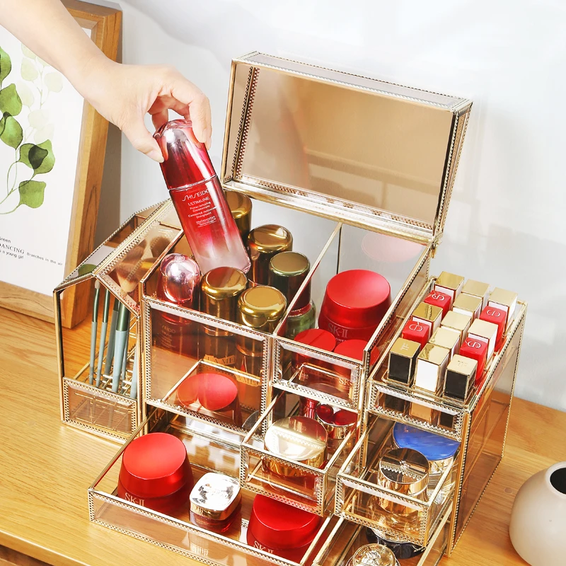 多格钢化玻璃收纳盒大容量欧式轻奢防尘透明桌面桌面收纳整理盒