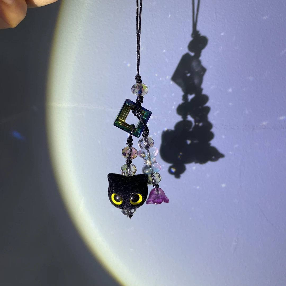 编织绳编小黑猫手机坠C778