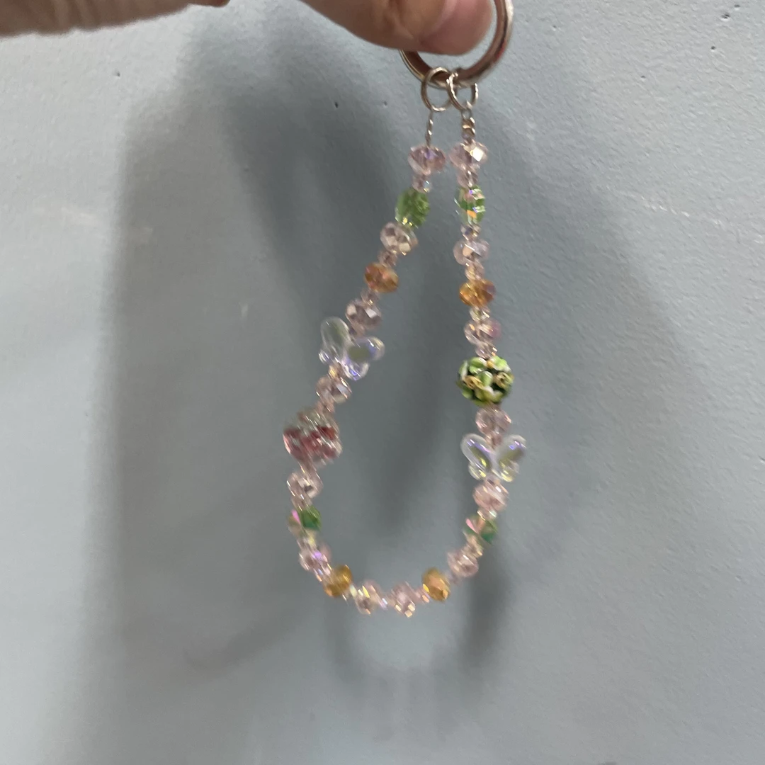 粉绿色花珠手机链H114