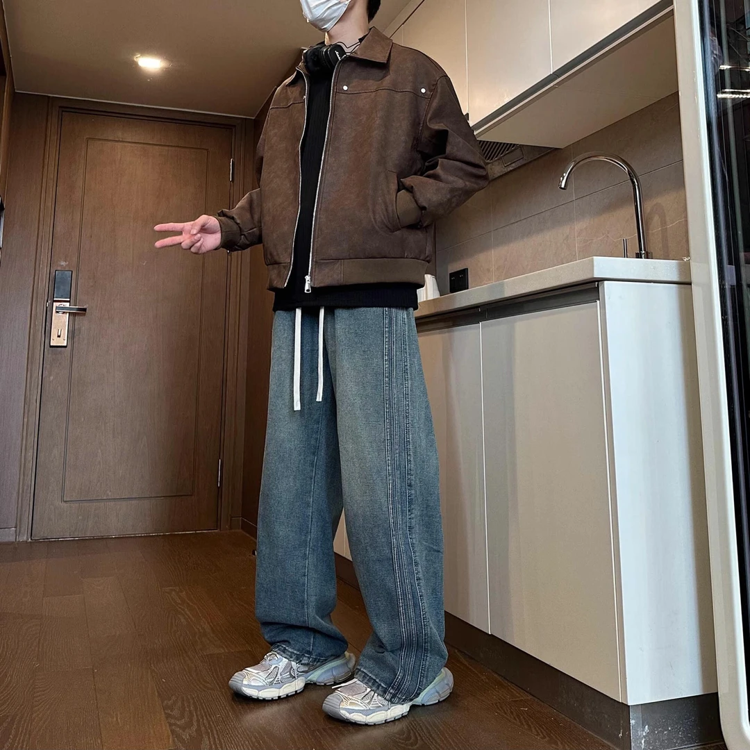 秋季美式高街水洗做旧直筒牛仔裤男松紧腰抽绳裤小众宽松情侣长裤