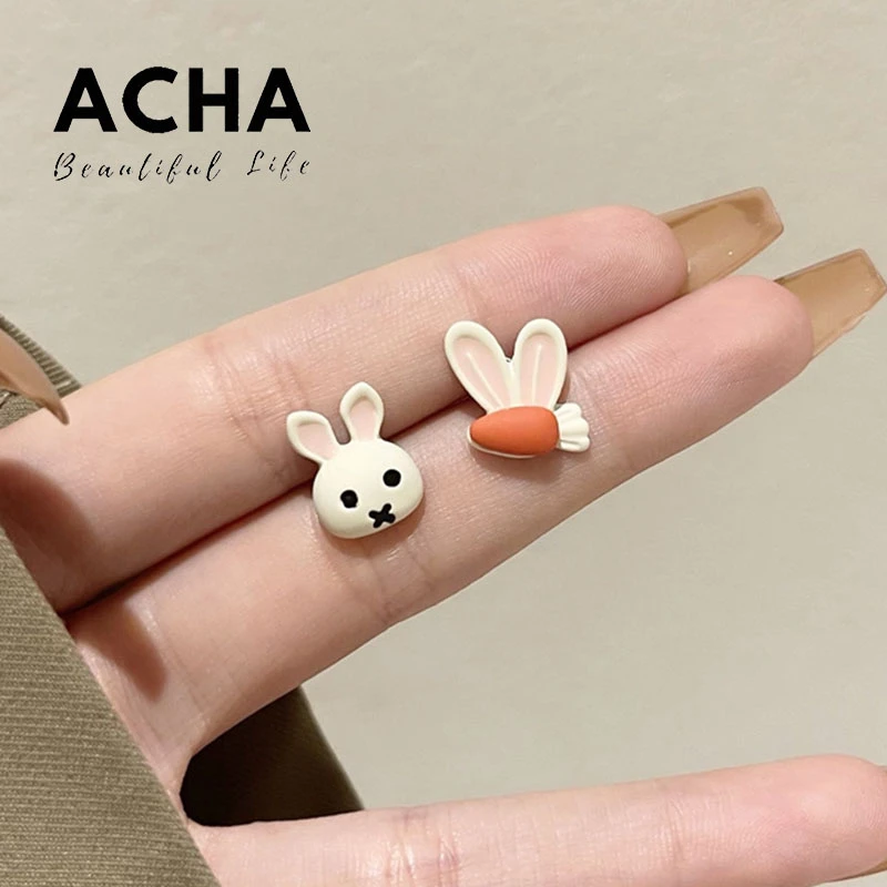 锌合金耳饰 兔子胡萝卜耳钉S925卡通可爱小巧不对称小众少女耳环