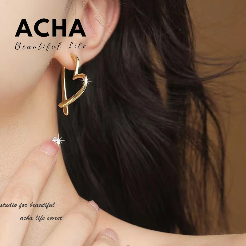 合金耳饰 【F1261】925银针镀真金爱心耳环冷淡风小众设计感简单