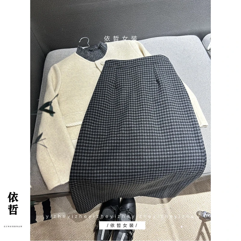 “”小格直筒半身裙“”秋冬呢半身裙显瘦时尚黑色A字