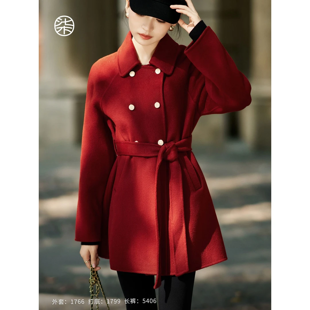 1766柒量一裁小个子红色翻领中长款双面呢大衣气质显瘦毛呢外套女