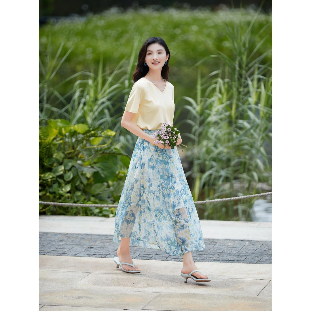1105B柒量一裁小个子蓝色小清新海藻花开叉a字半身裙气质裙子女