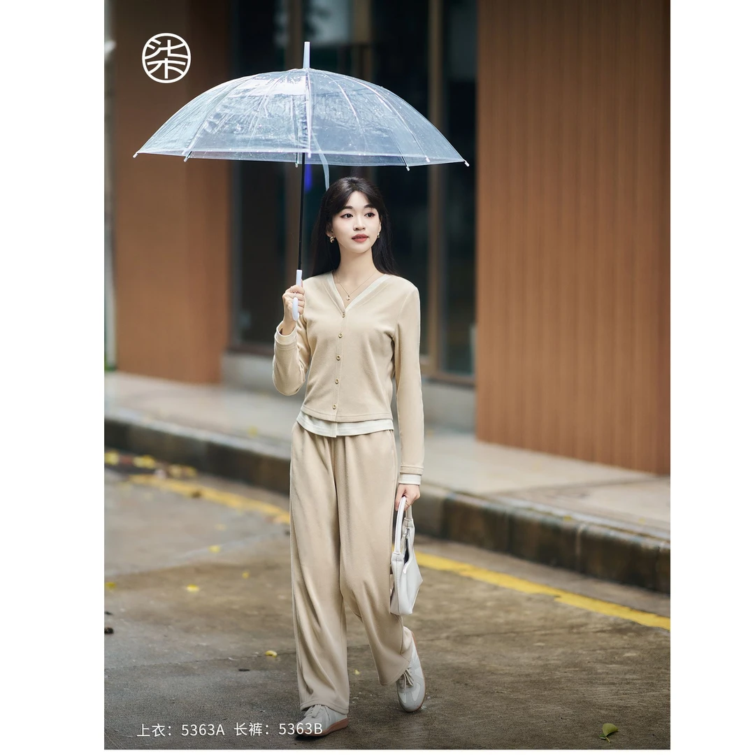 【柒量一裁】5363A/B小个子V领假两件长袖上衣+休闲裤洋气时尚套装