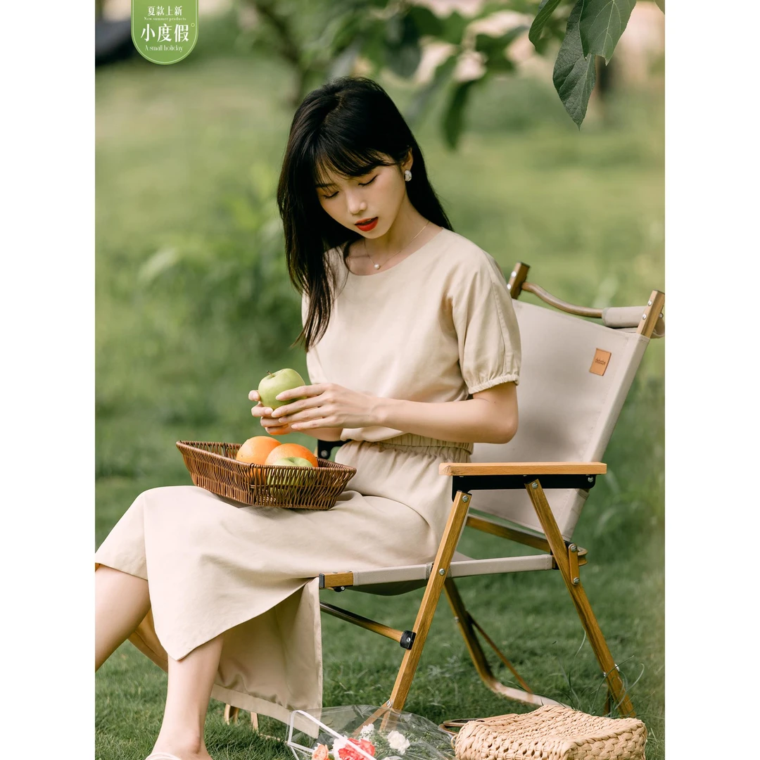 0966A柒量一裁小个子简约气质浅卡其色亚麻混纺短袖上衣