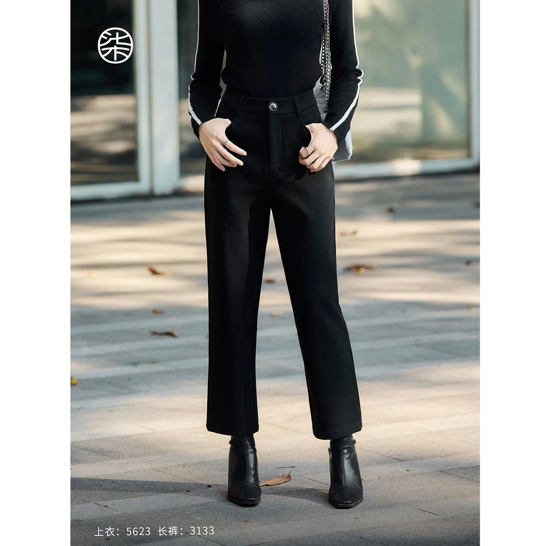 3133柒量一裁小个子黑色经典斜纹磨毛直筒休闲裤时尚显瘦裤子女