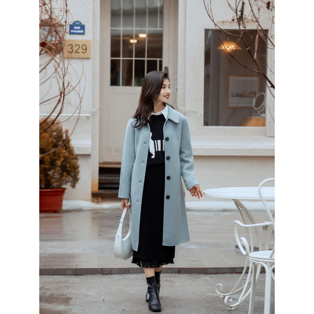1552柒量一裁小个子雾蓝色羊毛大衣长款气质双面呢毛呢外套冬季女