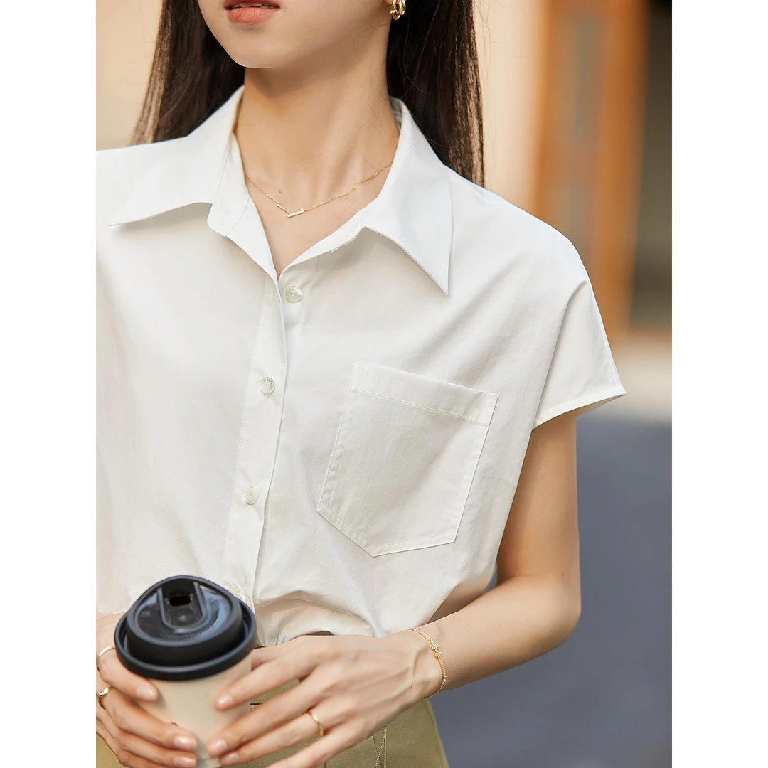 0808柒量一裁小个子四色立体宽肩廓形衬衫女气质短袖上衣