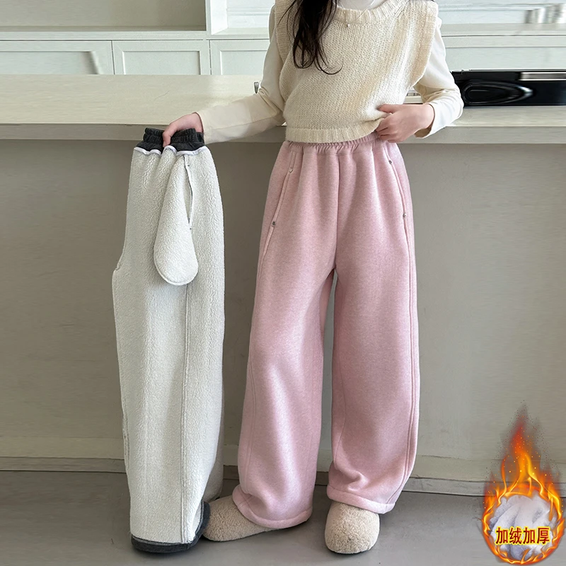 女童加绒裤子冬季2024新款女大童冬装一体绒休闲裤儿童加厚直筒裤
