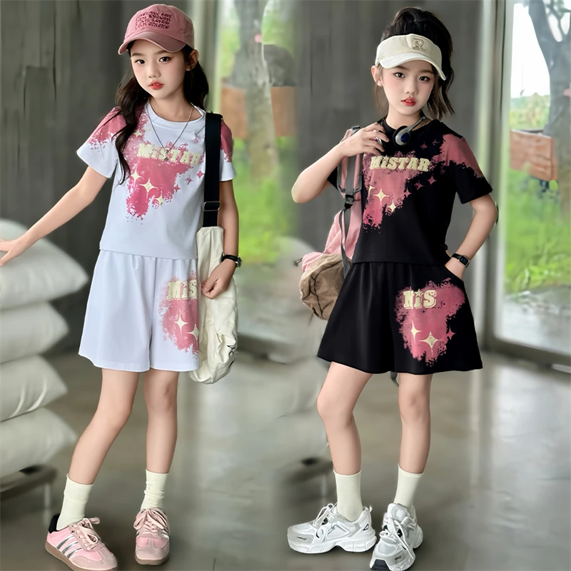 女童夏季美式印花短袖T恤2024新款女大童休闲时尚运动短裤套装潮