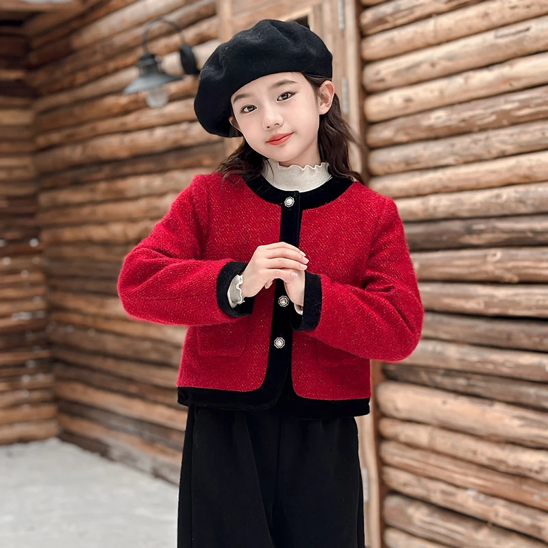 女童小香风夹棉外套秋冬款2024新款儿童深秋初冬季二棉红色上衣服