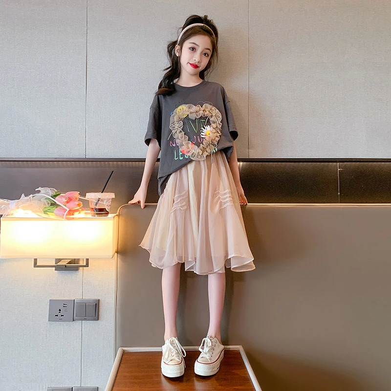 女童短袖连衣裙夏季2024新款大童半身裙儿童洋气夏装公主裙子套装